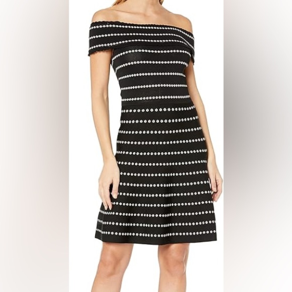 Rachel Roy Black and White Off the Shoulder Kneelength Dress